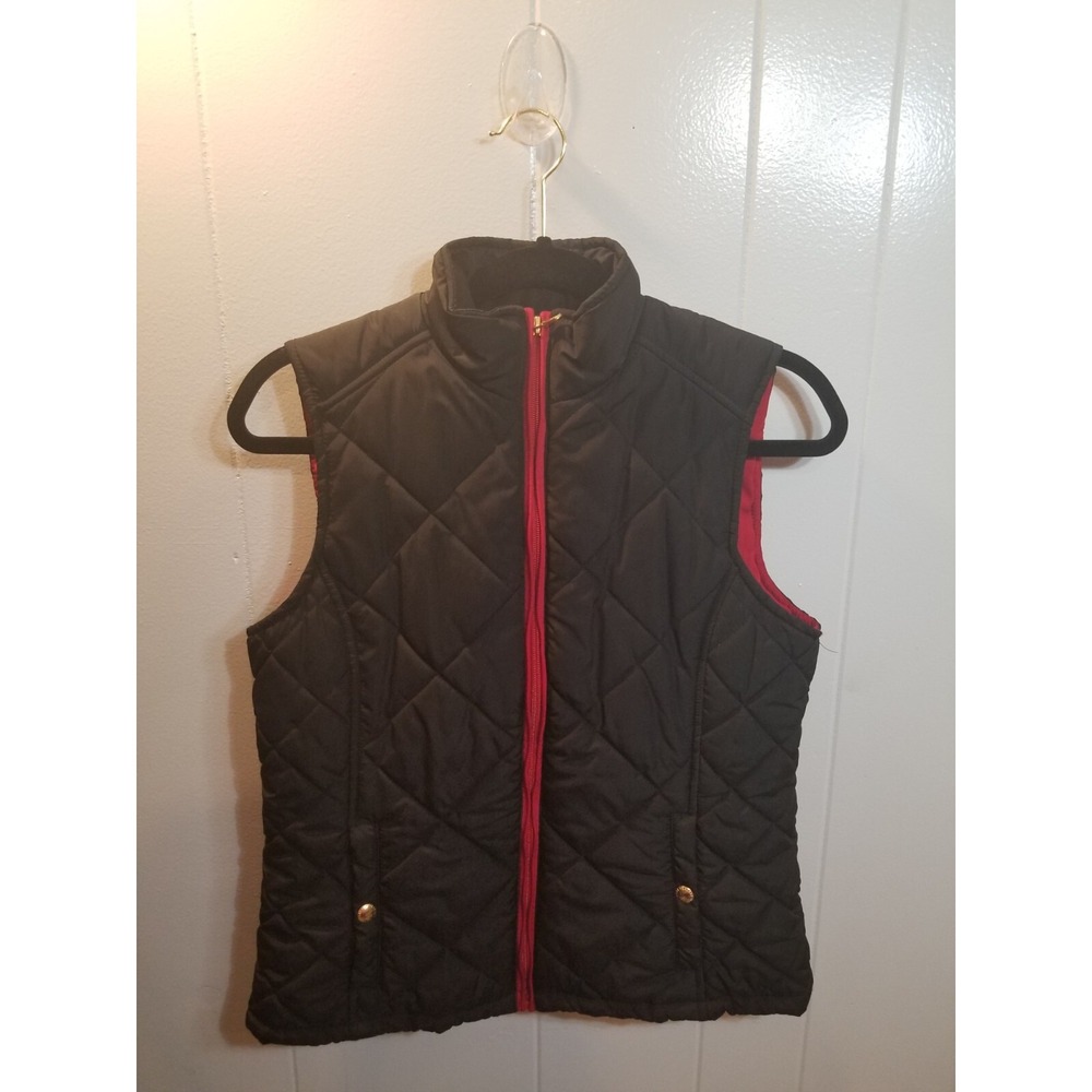 Lauren Ralph Lauren Womens‎ M Black Red Gold Zipper Quilted Puffer Vest Preppy